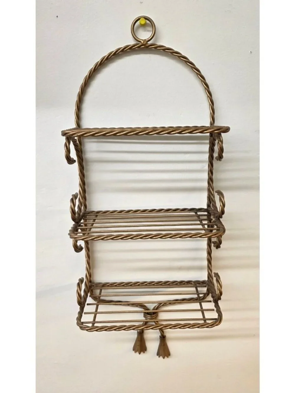 Vintage 3 Tier Twisted Rope Gold Tone Metal Wall Shelf Hollywood Regency Style